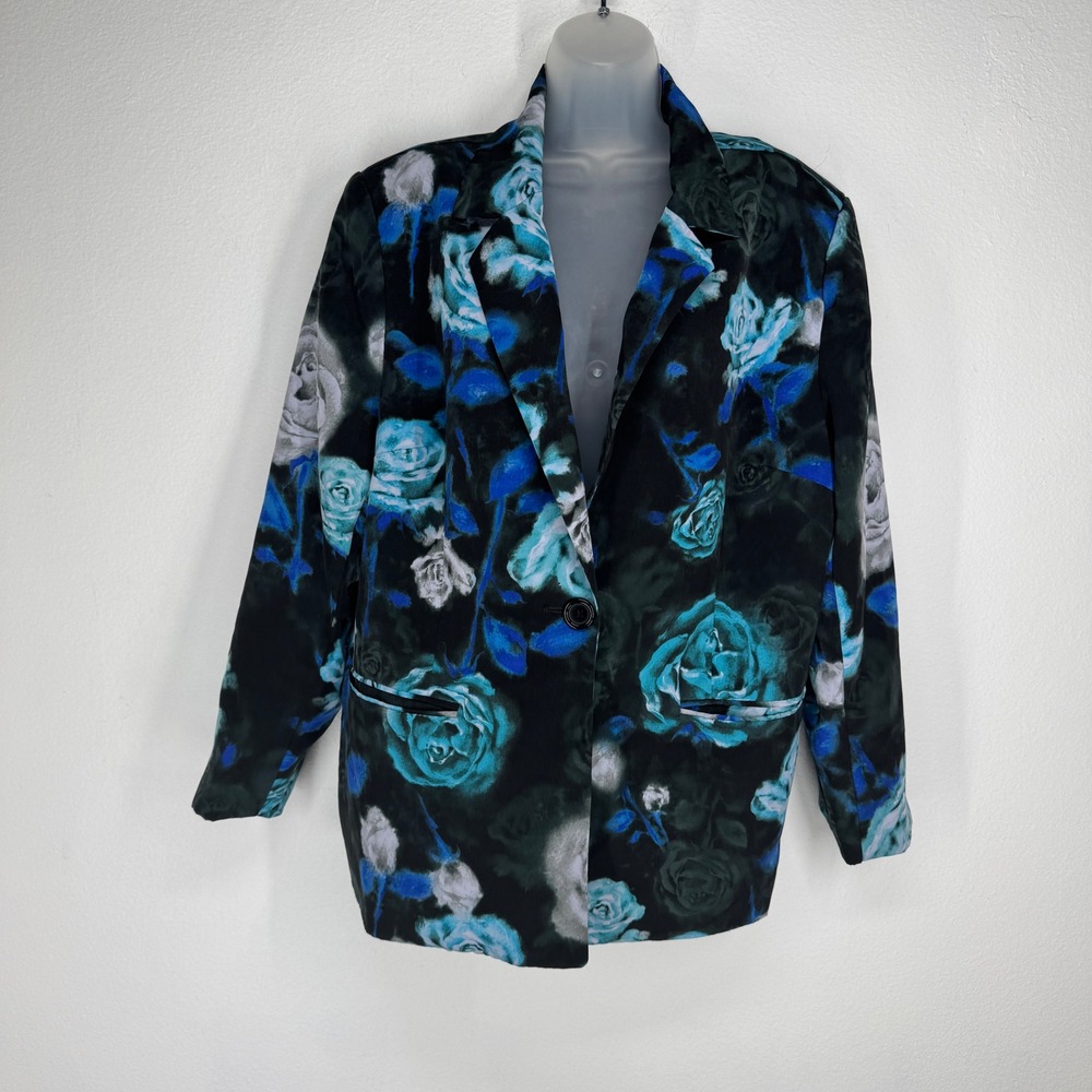 Susan Graver Womens Plus 1X Floral Blazer Watercolor Single Button Jacket Office